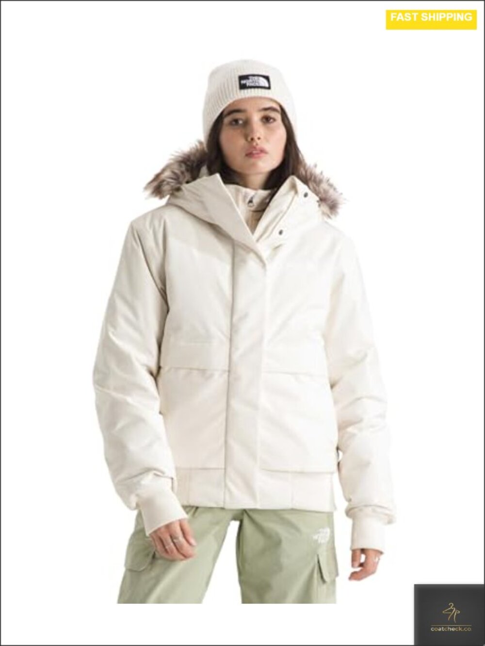 Women's Down Insulated Waterproof Bomber Jacket with Faux Fur Hood